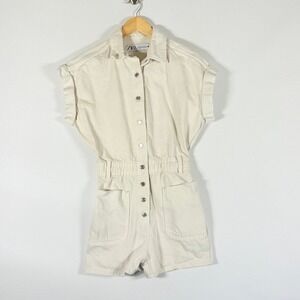 Zara XS Cream Collared Utility Romper Shorts Safari Minimalist Quiet Luxury